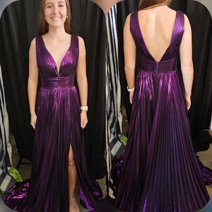 Jovani Metallic Purple Pleated V-Neck Evening Gown